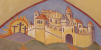Jérusalem céleste : étail de la fresque de la Résurrection peinte par Nicolaï Greschny (1912-1985). Elle se situe autour de baptistère de l'église Saint-Thomas-de-Cantorbury à Cahuzac-sur-Vère (81)