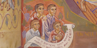 Enfants :  détail de la fresque de la Résurrection peinte par Nicolaï Greschny (1912-1985). Elle se situe autour de baptistère de l'église Saint-Thomas-de-Cantorbury à Cahuzac-sur-Vère (81)
