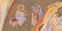 Myrrophores : détail de la fresque de la Résurrection peinte par Nicolaï Greschny (1912-1985). Elle se situe autour de baptistère de l'église Saint-Thomas-de-Cantorbury à Cahuzac-sur-Vère (81)