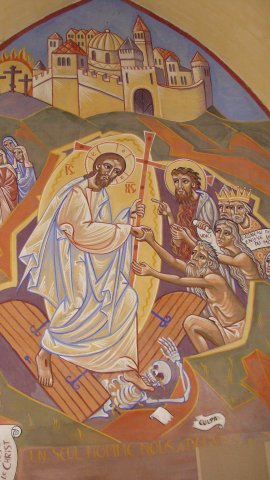 Fresque de la Résurrection peinte par Nicolaï Greschny (1912-1985). Elle se situe autour de baptistère de l'église Saint-Thomas-de-Cantorbury à Cahuzac-sur-Vère (81)
