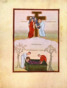 Enluminure dite "La descente de croix et la mise au tombeau", dans l'évangéliaire d'Egbert.