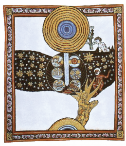Une enluminure médiévale représentant une des 26 visions décrites par sainte Hildegarde de Bingen dans le Scivias (1151).